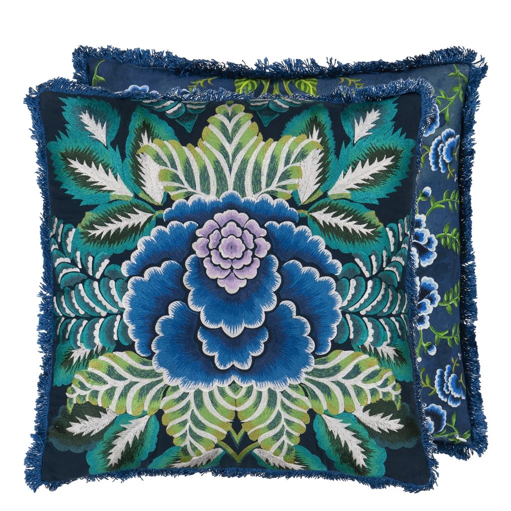 Rose de Damas Embroidered Indigo Decorative Pillow