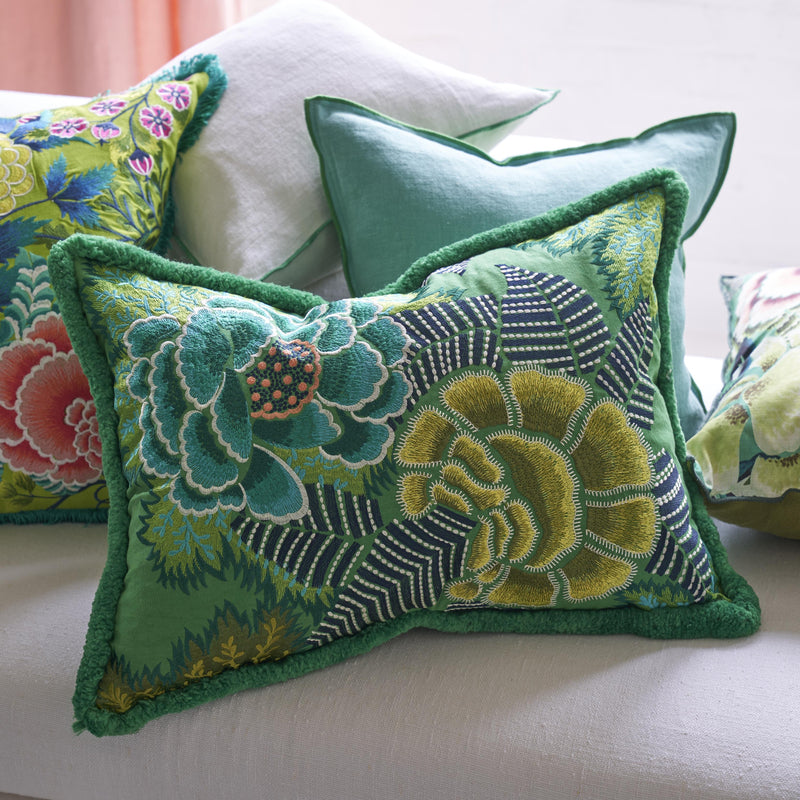 ROSE DE DAMAS EMBROIDED JADE DECORATIVE PILLOW